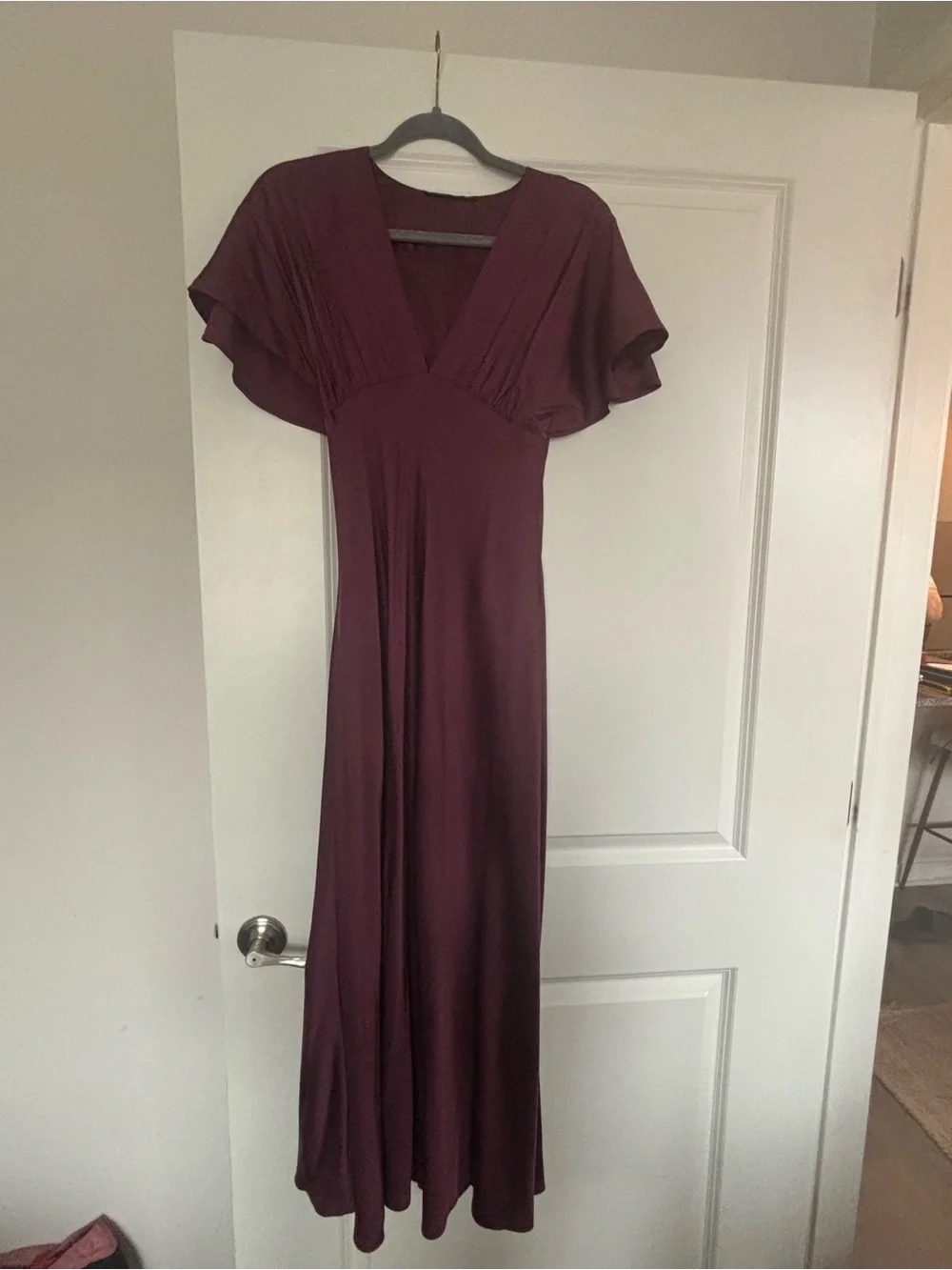 Deep Plum V-Neck Flutter Sleeve Maxi Dress